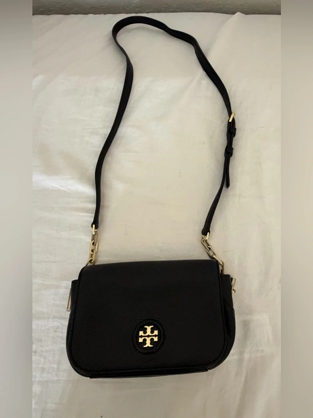 Tory Burch Black Pebbled Leather Logo Crossbody with Chain Strap